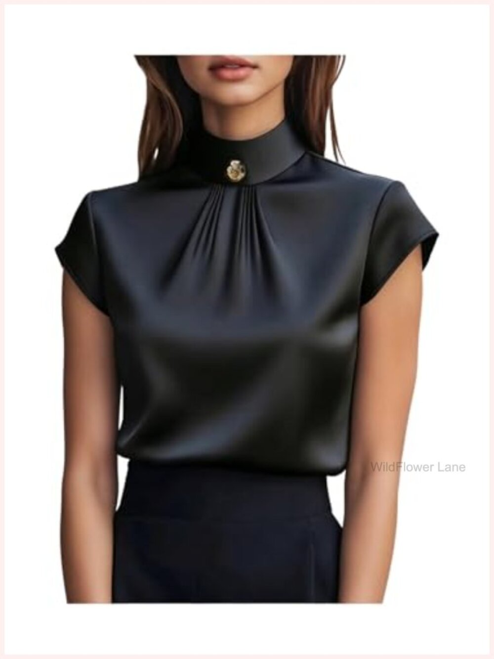 Satin Blouse Mock Neck Ruched Cap Sleeve Dressy Work Business Casual Office Top